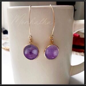 New gold drop hook purple marbled quartz stone bohemian hippie earrings